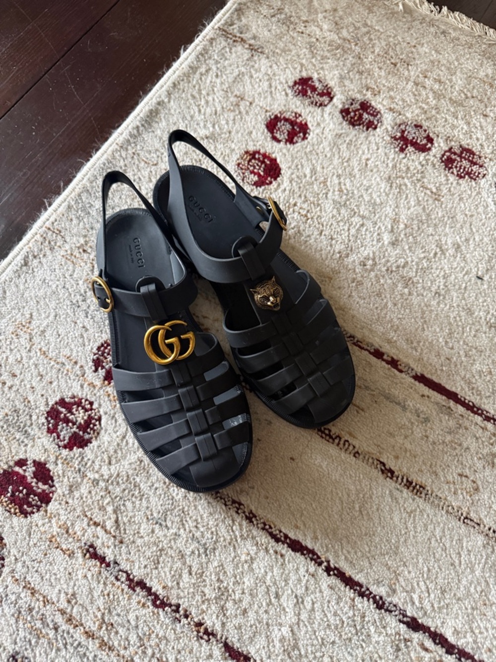 Gucci Black Jelly Fisherman Sandals with Gold GG and Buckle - Picture 3 of 5